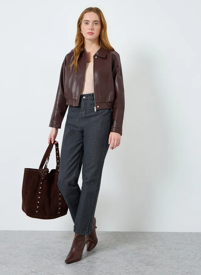 Take Two Women Brown Faux Leather Cropped Jacket